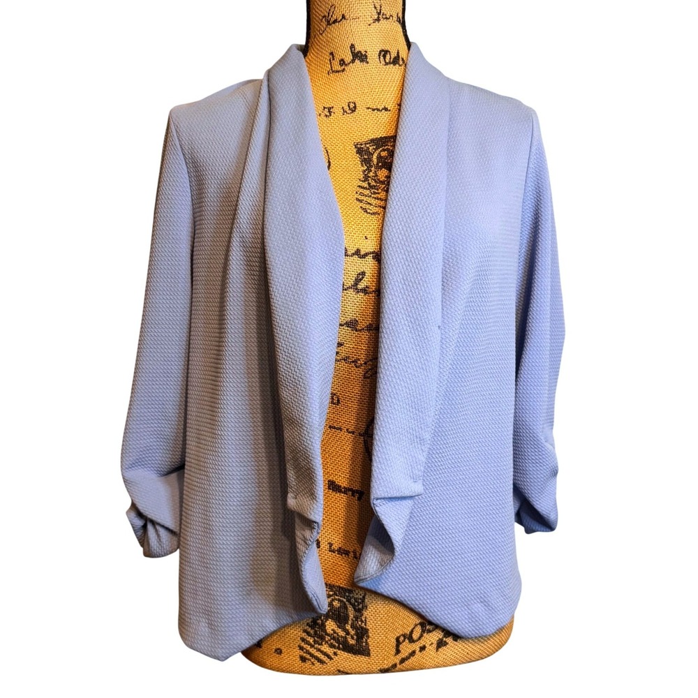 Wearever Womens Periwinkle Blue Textured Ruched 3/4 Sleeve Open Front Blazer L